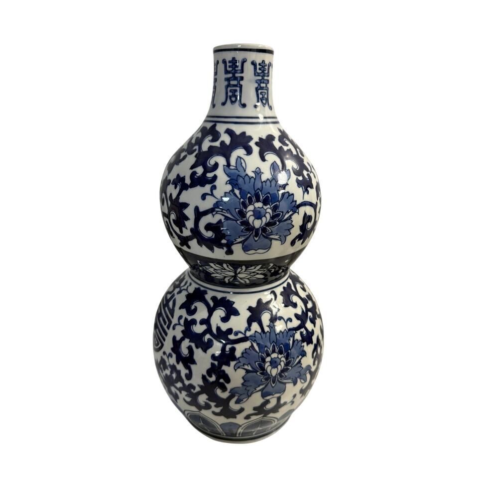 Vintage Ceramic Porcelain Blue White Floral Gourd Chinese Vase Bottle 14"